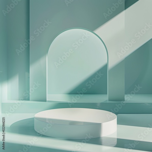 Podium for product design advertizement. Accent empty pedestal. Teal mint or turquoise color background for photosession. Abstract shapes scene. Mockup for art or business. photo