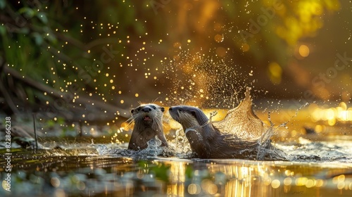 Wild Otters Playing in River under Sunset Glow photo