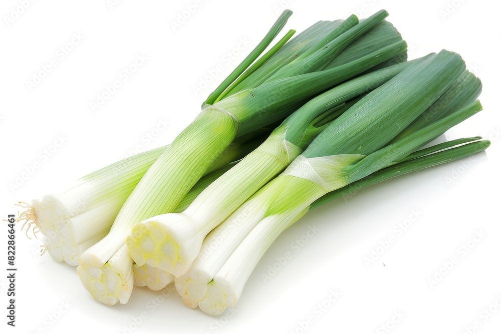 Fresh green leeks on clean white background for captivating ads and packaging designs - generative ai Fresh green leeks on clean white background for captivating ads and packaging designs - generative ai