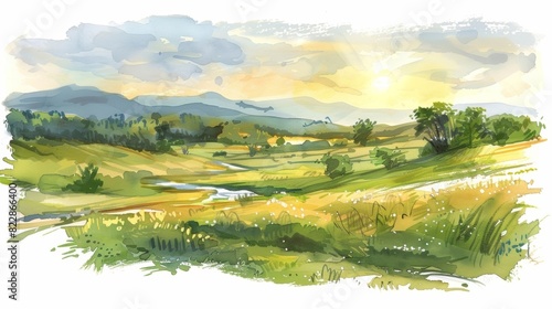 Wallpaper Mural A sweeping landscape of rolling hills and winding rivers carefully captured in a sketch as the sun sets in the distance. Torontodigital.ca