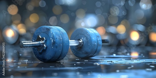 Implementing a digital blue dumbbell into fitness apps for tailored workouts and monitoring. Concept Fitness Apps, Digital Dumbbell, Tailored Workouts, Monitoring Progress, Technology Integration
