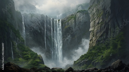 A towering waterfall plunging from a sheer cliff, with a few daredevil climbers scaling the face.
