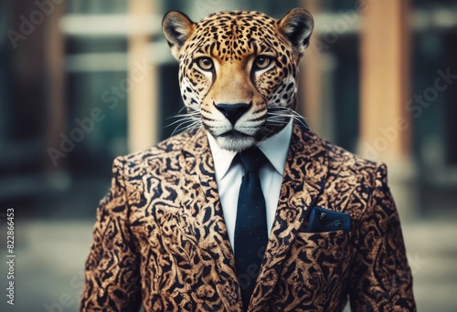 posing portrait patterned elegant attitude suit anthropomorphic animal confident human classy fashion high tie charismatic jaguar dressed cat funny studio