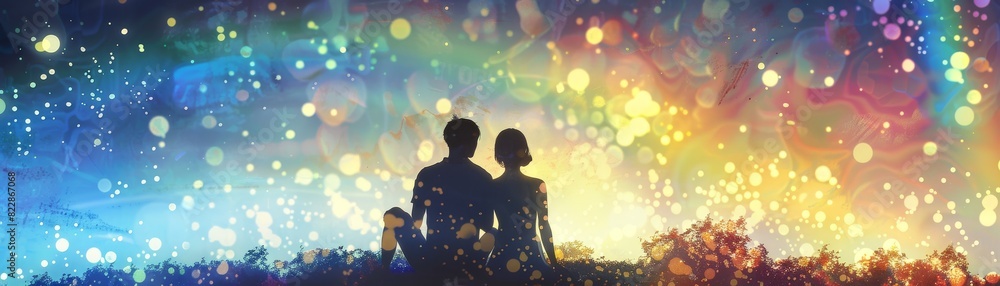 A couple sitting under a holographic rainbow, surrounded by glowing digital stars, romantic and whimsical, watercolor effect, detailed 