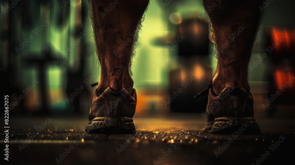 Fototapeta premium The image shows the lower legs and feet of a person standing in a gym with weights in the background, highlighting a focused workout atmosphere.