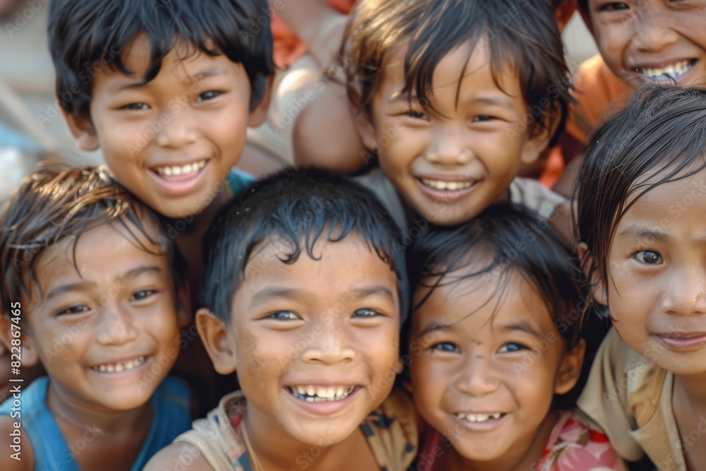 Group of asian children smiling at the camera on a sunny day