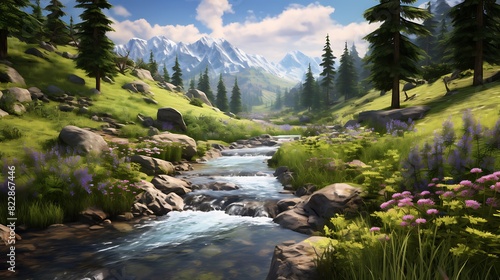 A gentle waterfall meandering through a lush meadow, with a few wildflowers swaying in the breeze. © Muhammad