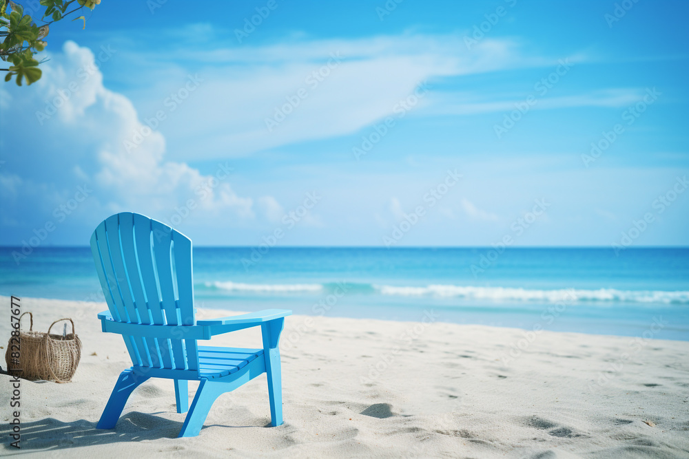 Soft blue ocean wave and chair on clean sandy beach