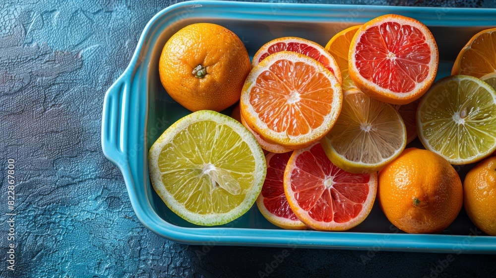 Juicy Citrus Fruits in a blue container some sliced open Juicy Citrus Fruits in a blue container some sliced open