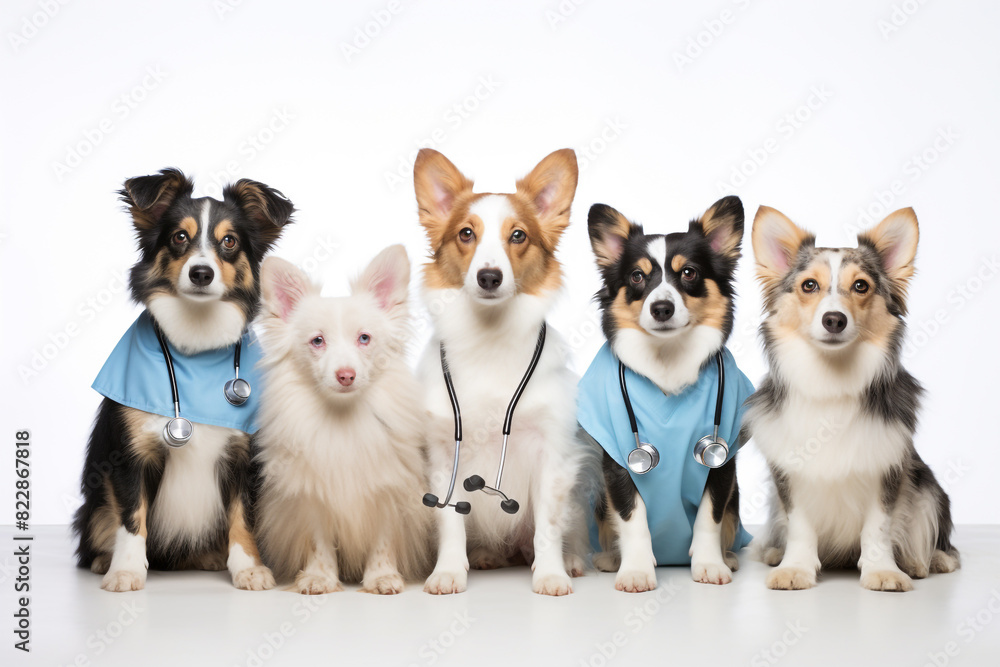 Obraz premium Cute dogs with stethoscope as veterinarian on white background, Space for text