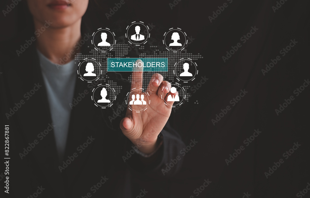 Stakeholders concept. Person touching stakeholders icon on virtual screen for business finance stakeholder investment management. Different stakeholders contact collaboration for company organization Stakeholders concept. Person touching stakeholders icon on virtual screen for business finance stakeholder investment management. Different stakeholders contact collaboration for company organization