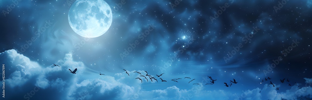 Abstract Fantasy Background with Full Moon and Birds Abstract Fantasy Background with Full Moon and Birds