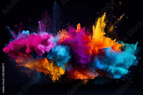 Explosion of colored powder isolated on black background. Abstract colored background © Tommyview