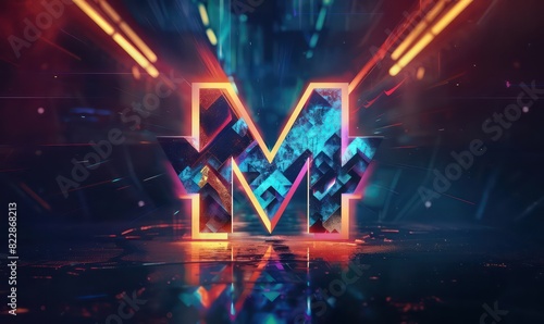 m capital futuristic letter with vivid colors and black background