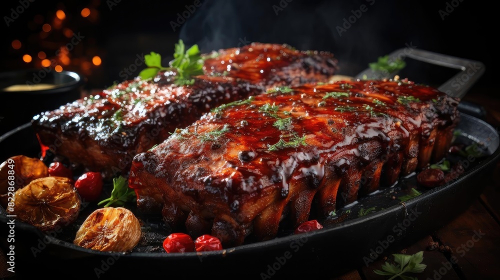 Realistic grilled barbeque with melted barbeque sauce and cut vegetables, black and blur background Realistic grilled barbeque with melted barbeque sauce and cut vegetables, black and blur background