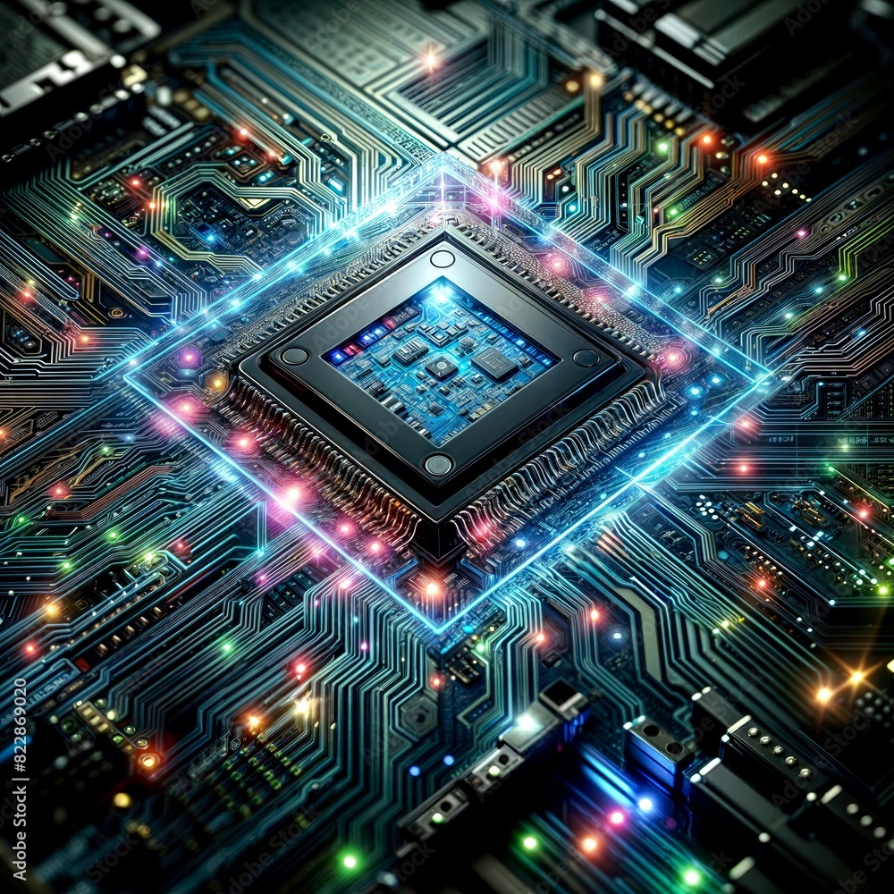 High-Tech Glowing Chip on Dark Tech Background High-Tech Glowing Chip on Dark Tech Background