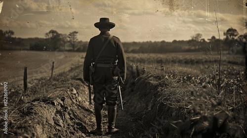 a man wearing a black hat and pants stands in a field, holding a gun, with a tall tree in the background photo