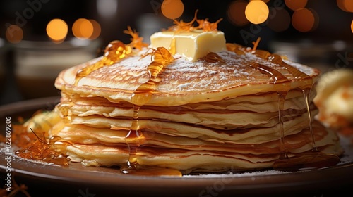 Close-Up of pile of pancakes with melted sweet syrup and fruit toppings with a blurred background photo
