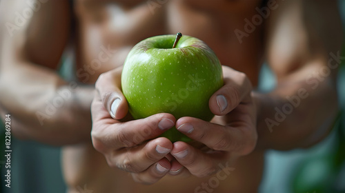 Youthful Man Embracing Weight Loss Journey: Green Apple as a Symbol of Healthy Nutrition Choices photo