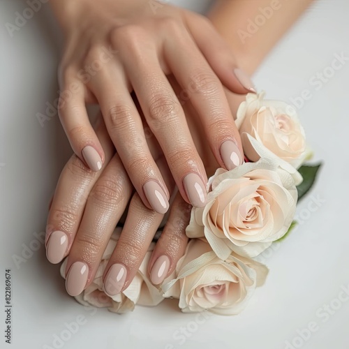 Woman hands with elegant neutral colors manicure.  