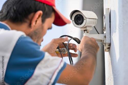 Technician Installing Security Camera photo