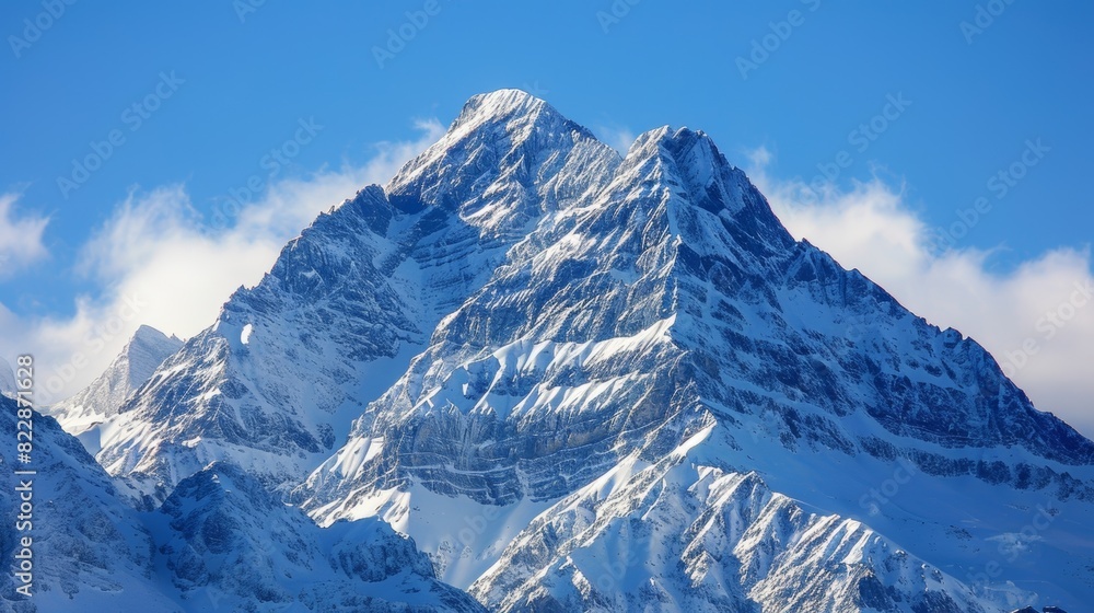 Obraz premium A majestic mountain peak standing tall and regal against a backdrop of clear blue skies.