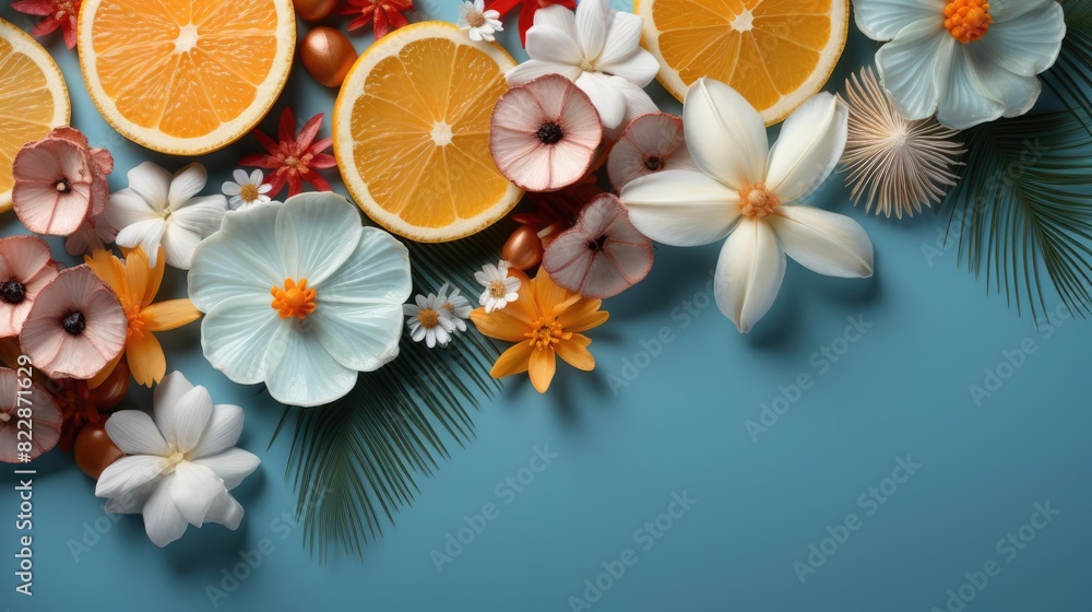 top view of summer background with topic concept and tropical plants for banner or poster top view of summer background with topic concept and tropical plants for banner or poster