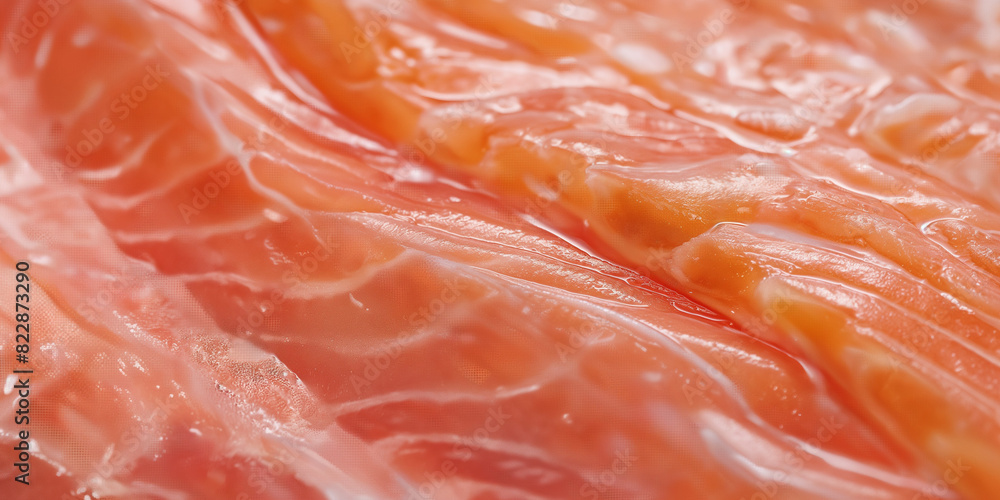A closeup of the salmon texture, showcasing its intricate and smooth surface with visible marbling of healthy fats and subtle gradations in its pink and orange hues A closeup of the salmon texture, showcasing its intricate and smooth surface with visible marbling of healthy fats and subtle gradations in its pink and orange hues
