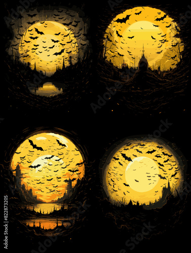 Halloween night background with full Moon, swarm of bats.