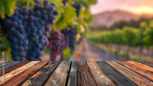 Empty wood table top with blur background of vineyard landscape in winery. The table giving copy space for placing advertising wine product on the table along with beautiful winery vineyard background