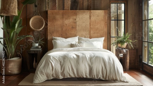 A bedroom featuring a stylish and ecofriendly cork headboard paired with organic cotton bedding and reclaimed wood bedside tables. photo