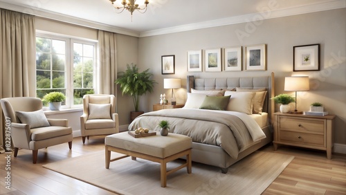 Cozy Modern Elderly Bedroom with Natural Light: A bright and airy bedroom designed for an elderly individual, featuring large windows that flood the room with natural light. The room is decorated  © Bounpaseuth