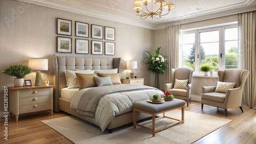 Cozy Modern Elderly Bedroom with Natural Light  A bright and airy bedroom designed for an elderly individual  featuring large windows that flood the room with natural light. The room is decorated 