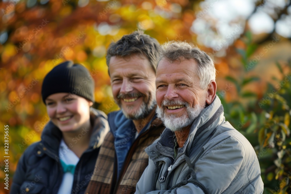Three senior men standing in the autumn park, smiling at camera. Three senior men standing in the autumn park, smiling at camera.
