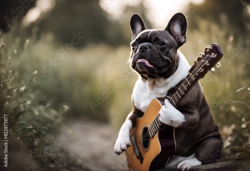 terrier guitar bulldog playing singing french outdoors background different unique authentic creative concept adorable afro animal beautiful canino classic comedy costume cute dog domestic