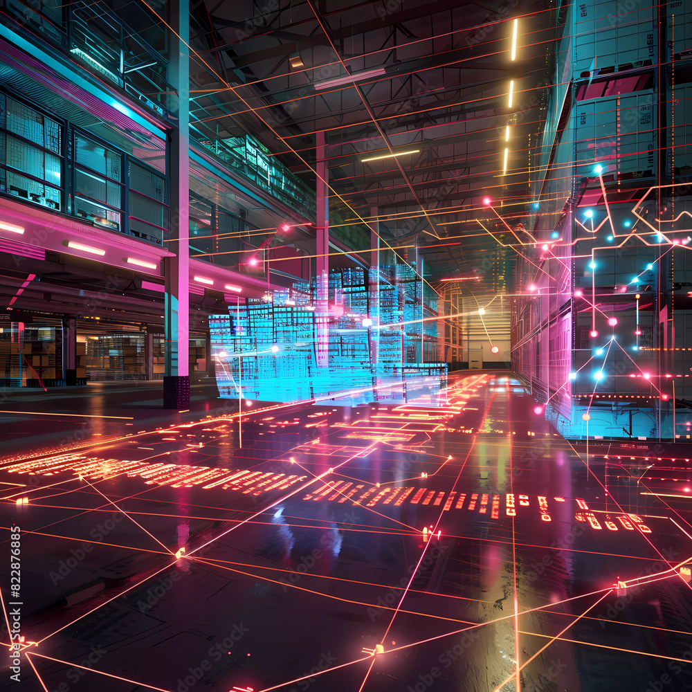 A holographic projection of a supply chain network diagram in a logistics center, business, dynamic and dramatic compositions, with copy space Generative AI A holographic projection of a supply chain network diagram in a logistics center, business, dynamic and dramatic compositions, with copy space Generative AI