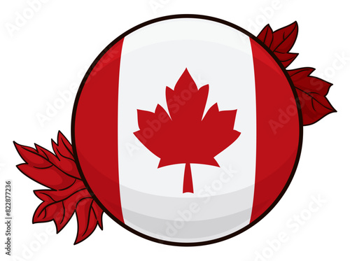 Round button with Canada flag inside it and maple leaves, Vector illustration