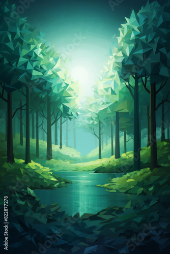 A serene low poly art of a peaceful forest landscape with lush trees and a tranquil river  illuminated by a soft  mysterious light.