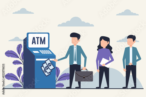 ATM Transaction, Business Professionals Using Automated Teller Machine Illustration photo