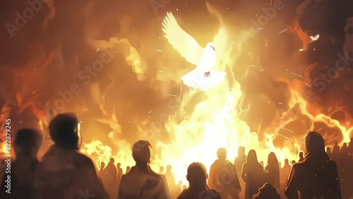 Pentecost Descent of the Holy Spirit on Followers People before Bright Fire White Dove in Sky Digital Painting Animation 4K photo