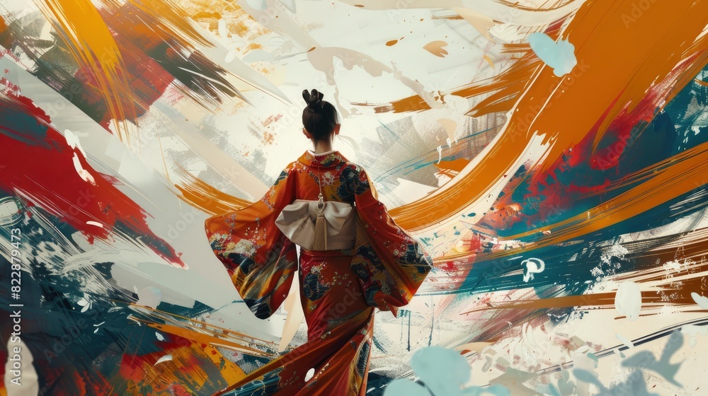 Fototapeta premium Declaration, Colonial History, futuristic brushstrokes, traditional Japanese kimono patterns, 8k