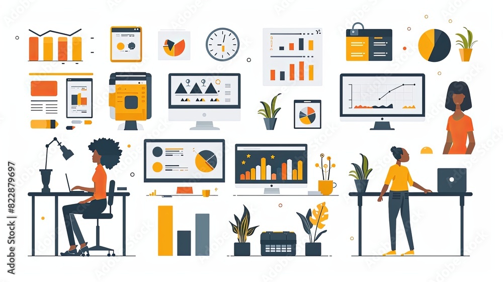 Business and marketing concept illustrations. Set of people vector illustrations in various activities of business, management, payment, market research and data analysis, communication Business and marketing concept illustrations. Set of people vector illustrations in various activities of business, management, payment, market research and data analysis, communication