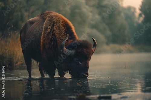 a buffalo was drinking in the river photo