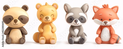 Wallpaper Mural A set of 3D-style vector illustrations featuring a teddy bear, rabbit, raccoon, and fox. These adorable characters are isolated for use in various design projects. Torontodigital.ca
