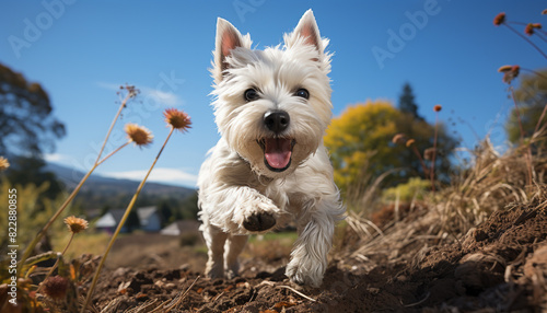 Cute terrier puppy playing outdoors, running in the grass generated by AI