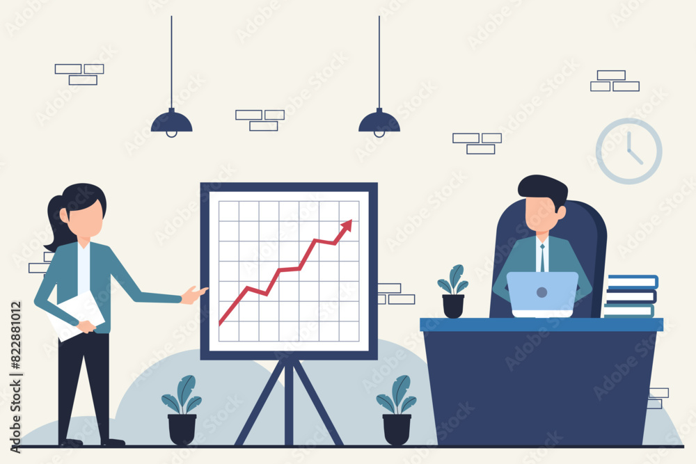 Business woman working in office with presentation board. Vector illustration in flat style Business woman working in office with presentation board. Vector illustration in flat style