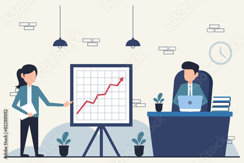 Business woman working in office with presentation board. Vector illustration in flat style