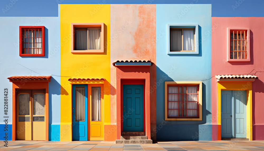 Obraz premium A modern building with vibrant colors and a blue door generated by AI