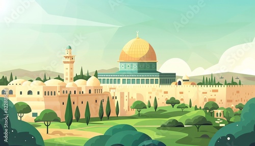 A hand-drawn flat design illustration of Al Aqsa, capturing the architectural and cultural significance of this historic site. photo