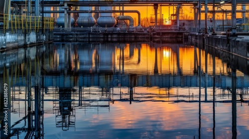 The warm colors of the sunrise are amplified by the reflective surfaces of the oil refinerys tanks and pipes.